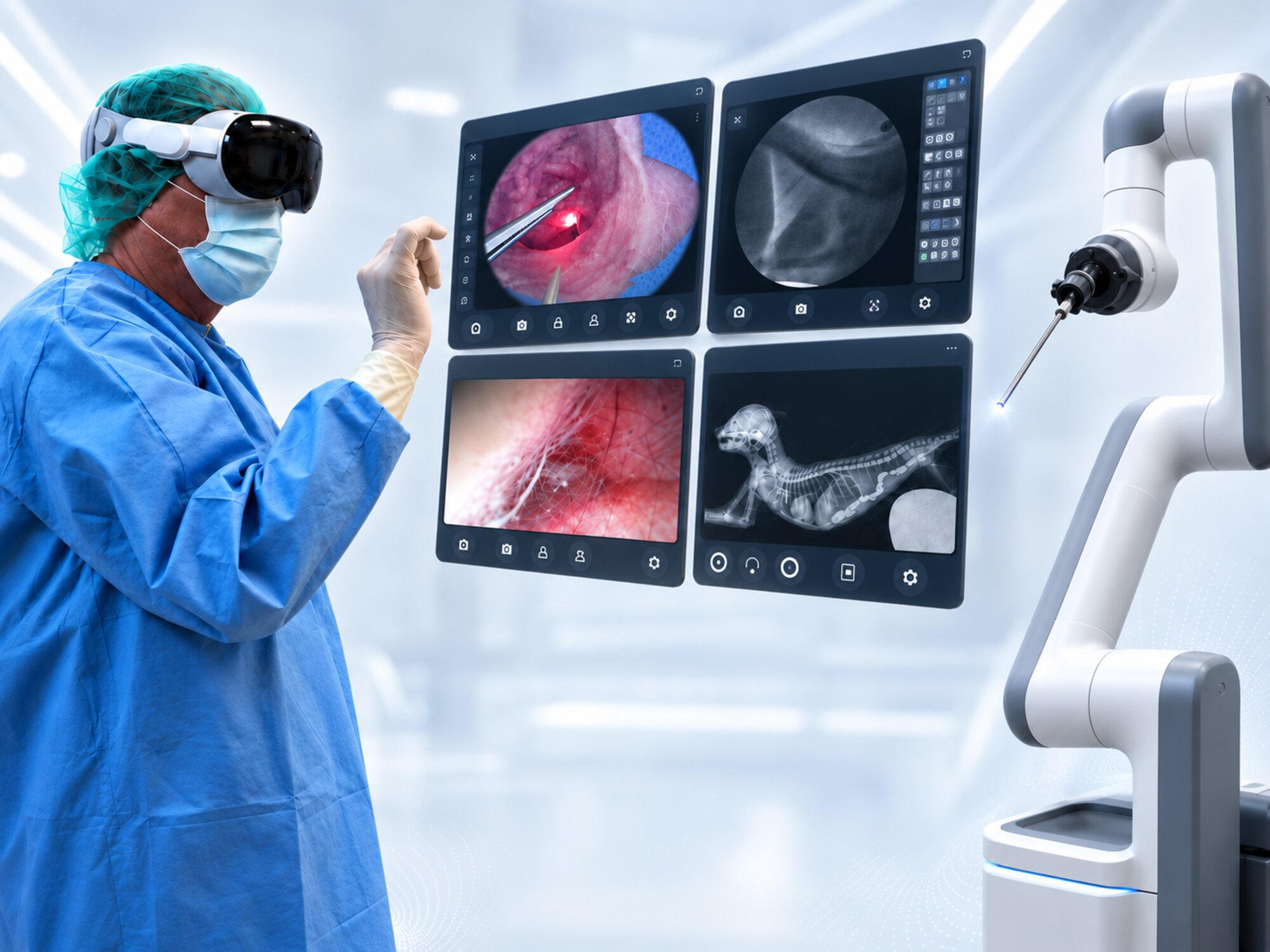 Chirurgo veterinario con visore di realtà mista, monitor diagnostici e braccio robotico